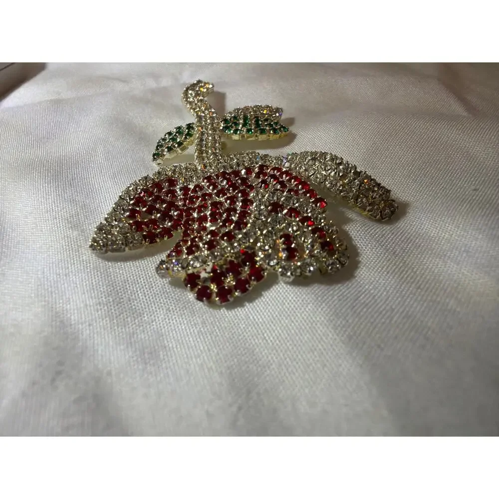 Large Red Rose Brooch Clear Red Green Rhinestones Silver Tone Flower Pin VTG